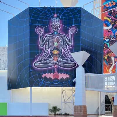 "Meditating Skeleton with Chakras" by Nychos in Jean