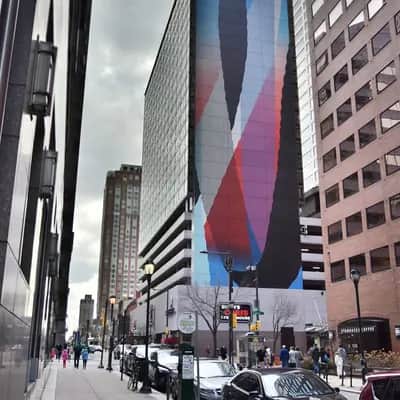 "Geometric Abstract Building Mural" by momo showpalace in Philadelphia