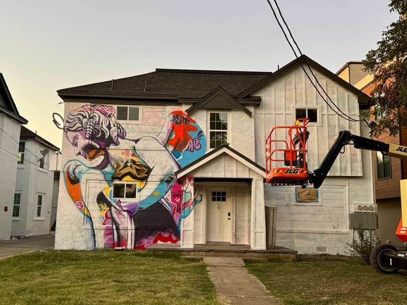 "Colorful Figure Mural in Progress" by Harpoonszn in Dallas
