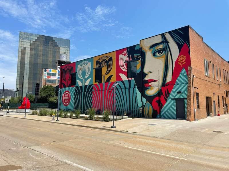 "Vibrant Portrait Mural with Geometric Patterns" by Shepard Fairey in Dallas