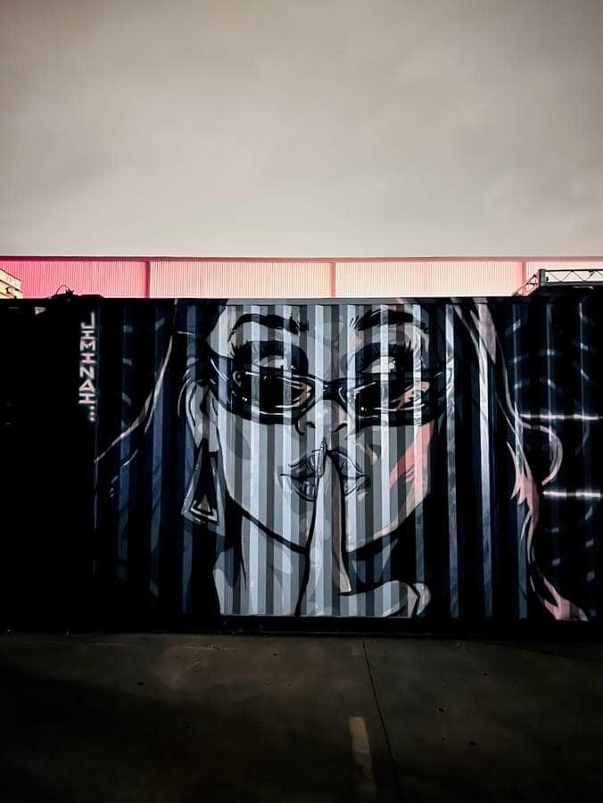 "Striped Face Portrait Mural" by Jimi Nai in Austin