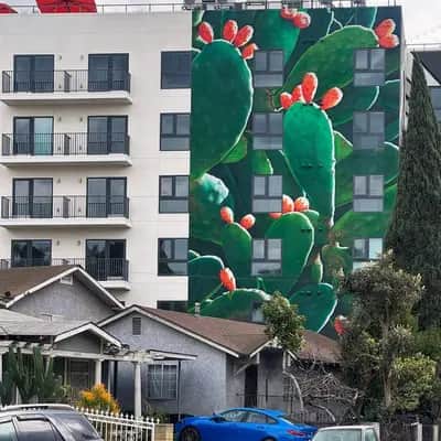 "Flowering Cactus Building Mural" by Adèle Renault in Los Angeles