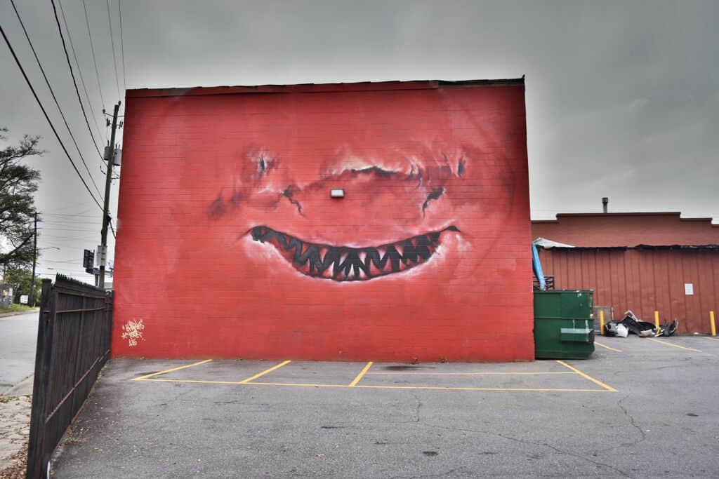 "Red Monster Face Mural" by Shark Toof in Atlanta