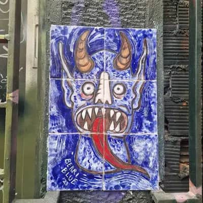 "Blue Demon Face Mural" by Berri Blue in Athens