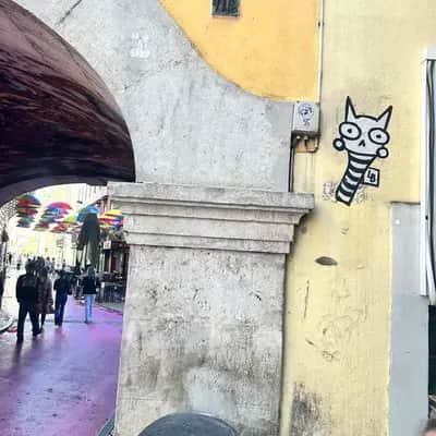 "Striped Cat Street Art" by Lambiscada in Lisbon