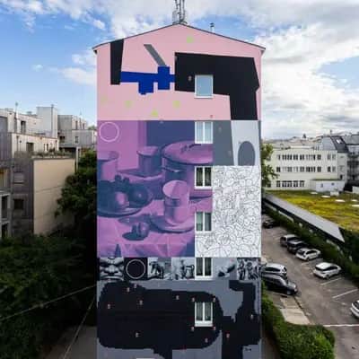 "Abstract Geometric Building Mural" by PerkUp in Vienna