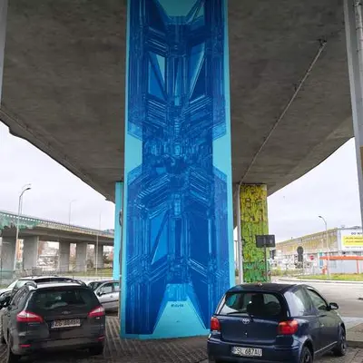 Blue Geometric Column Mural