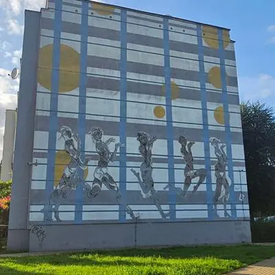 Silhouetted Figures Against Grid