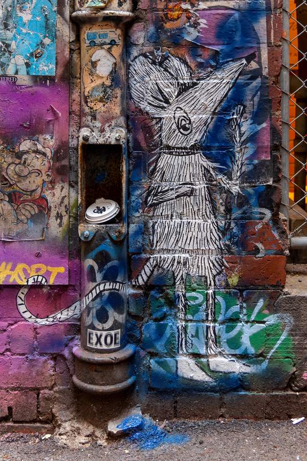 "Linear Figure Street Mural" by Barek in East End Theatre District, Melbourne