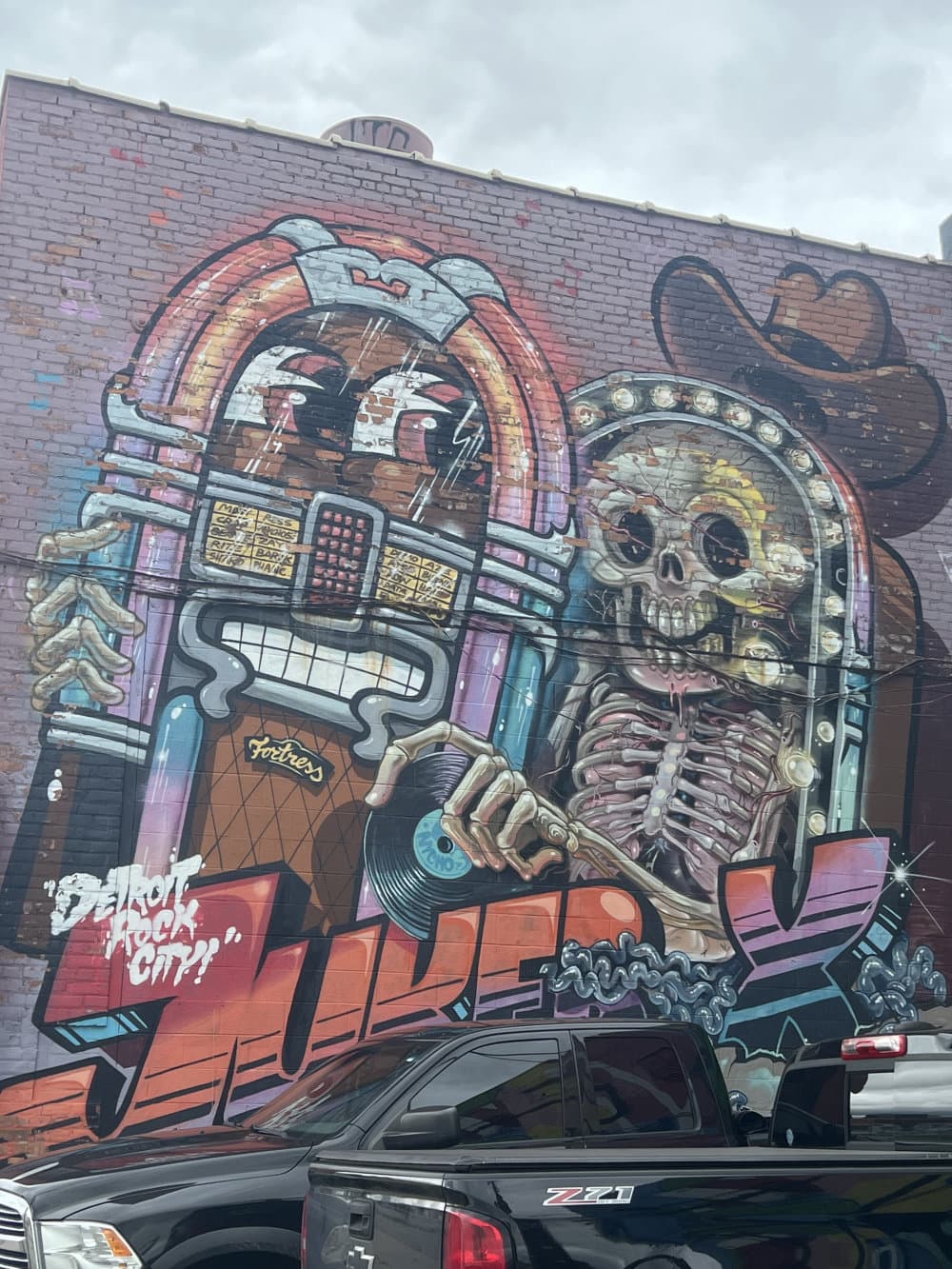 "Skeleton DJ Jukebox Mural" by Nychos in Lafayette Park, Detroit
