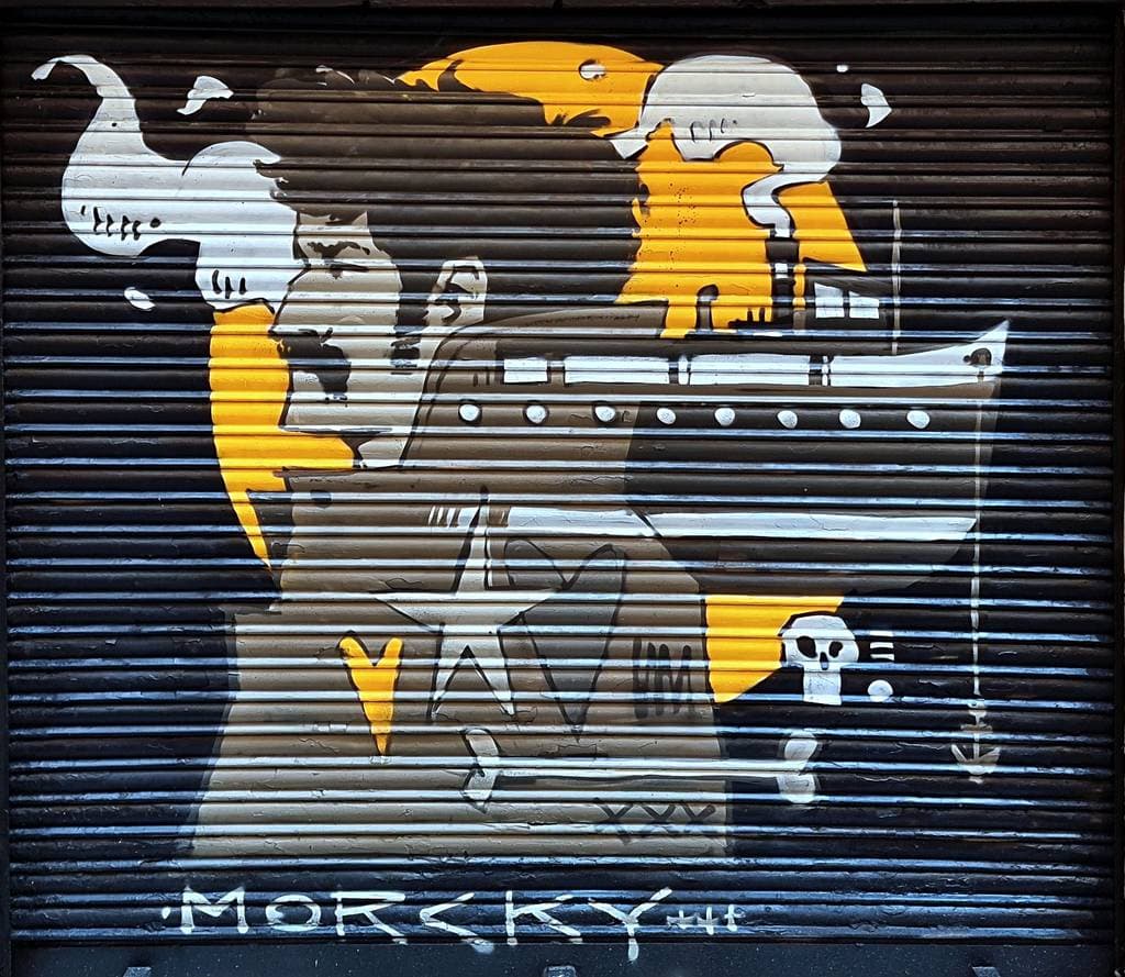 "Skeletal Musician with Instrument" by Morcky in Ciutat Vella, Barcelona