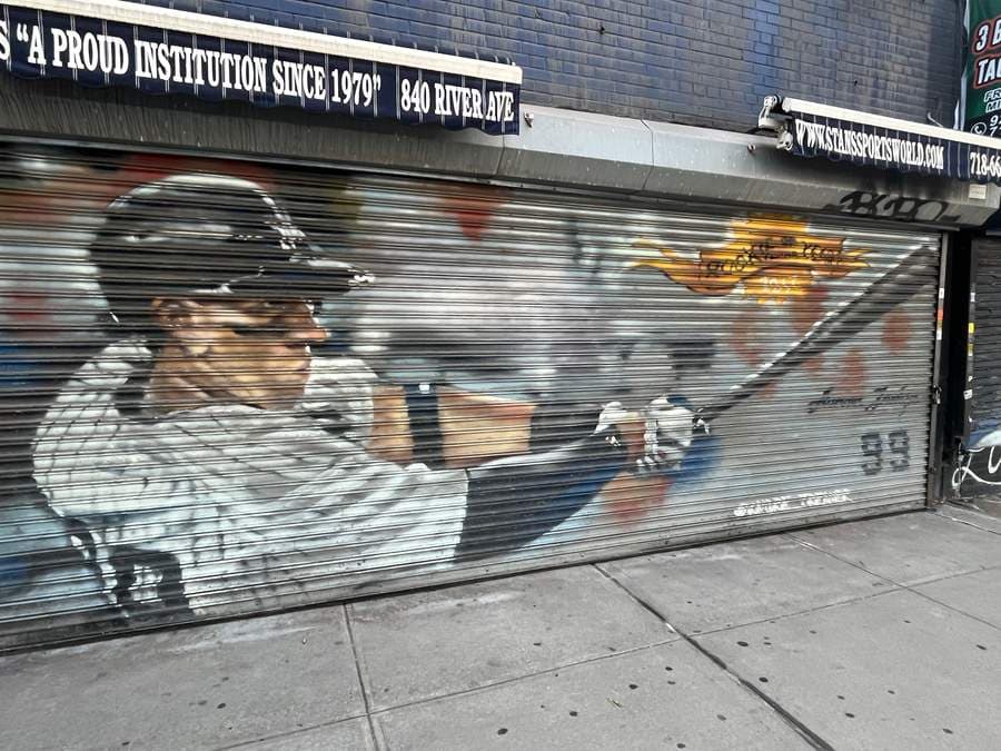 "Baseball Player Metal Shutter Mural" by Andre Trenier in The Bronx, New York