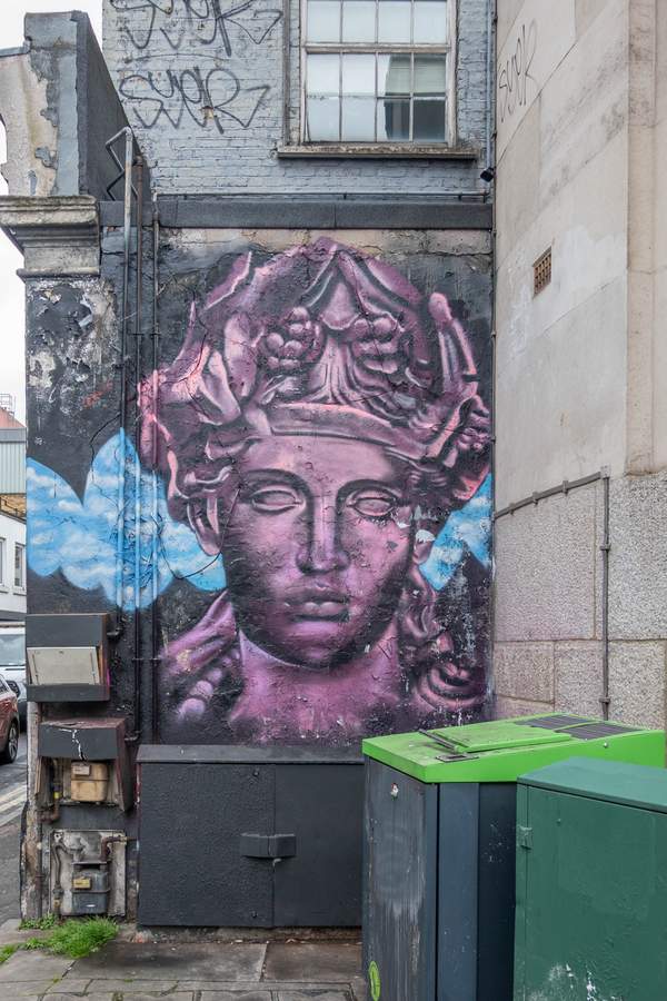 "Purple Classical Head with Clouds" by David Speed in Shoreditch, London