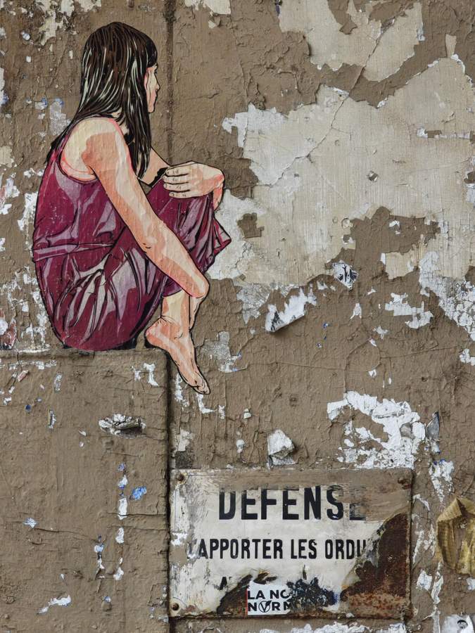 "Seated Figure on Weathered Wall" by Jana & JS in Paris 20e Arrondissement, Paris
