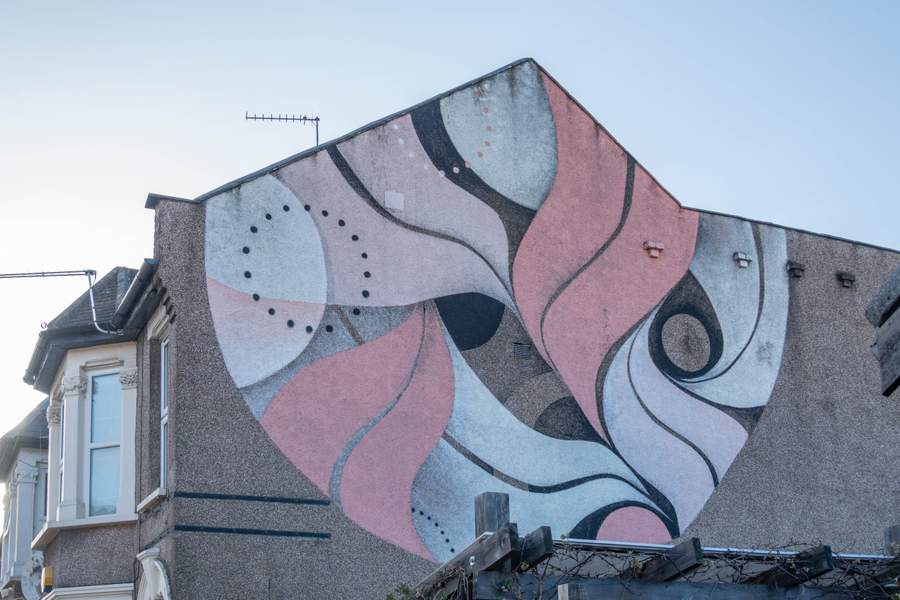 "Abstract Flowing Forms Mural" by Lucy McLauchlan in Leytonstone, London