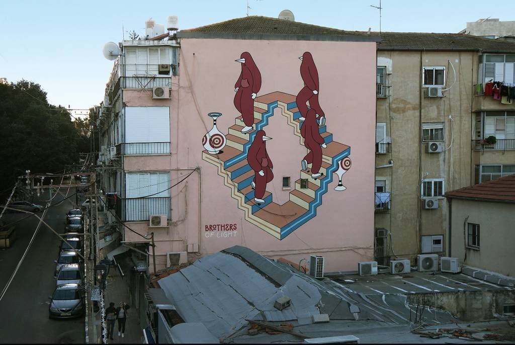 "Impossible Staircase with Red Figures" by Brothers of Light in Telaviv