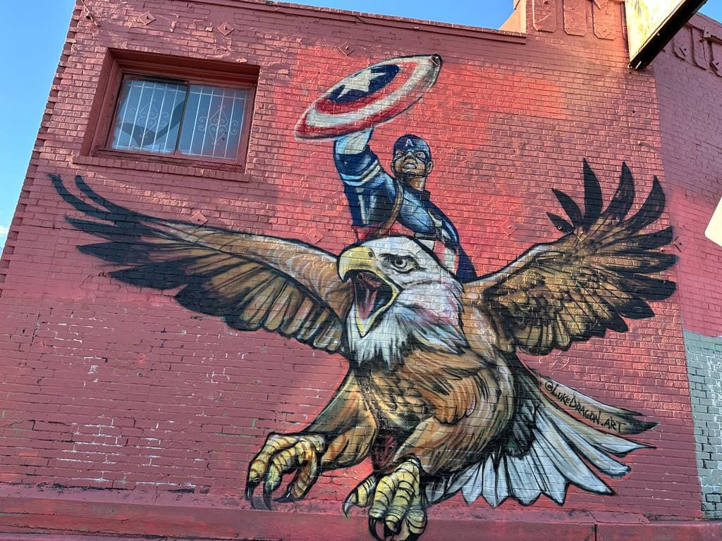 "Captain America Eagle Mural" by Luke Dragon in Chinatown, Oakland