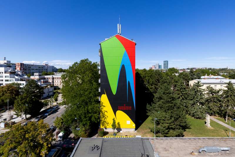 "Geometric Abstract Water Tower Mural" by Elian Chali in Am Schpfwerk, Vienna
