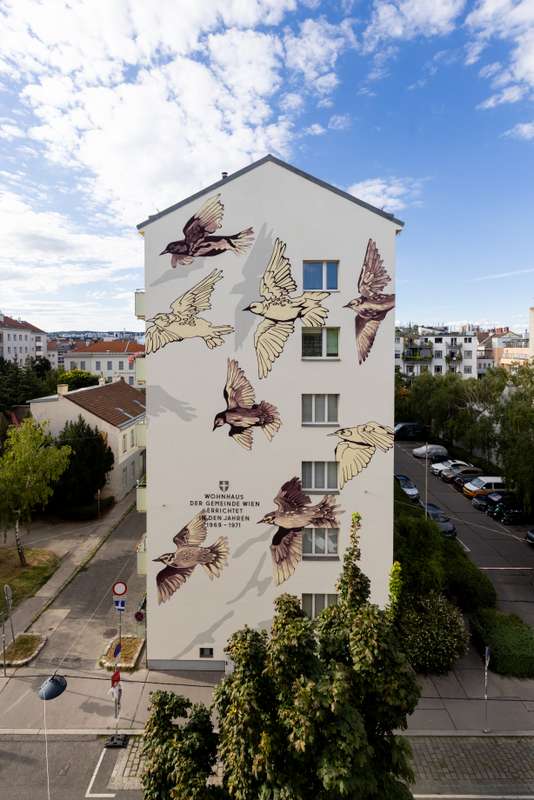 "Flock of Flying Birds Mural" by Mariella Lehner in Kg Gaudenzdorf, Vienna