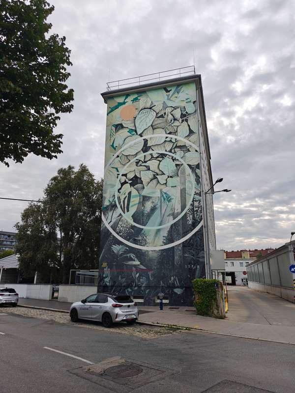 "Fragmented Botanical Circle Mural" by Fabio Petani in Kg Ottakring, Vienna