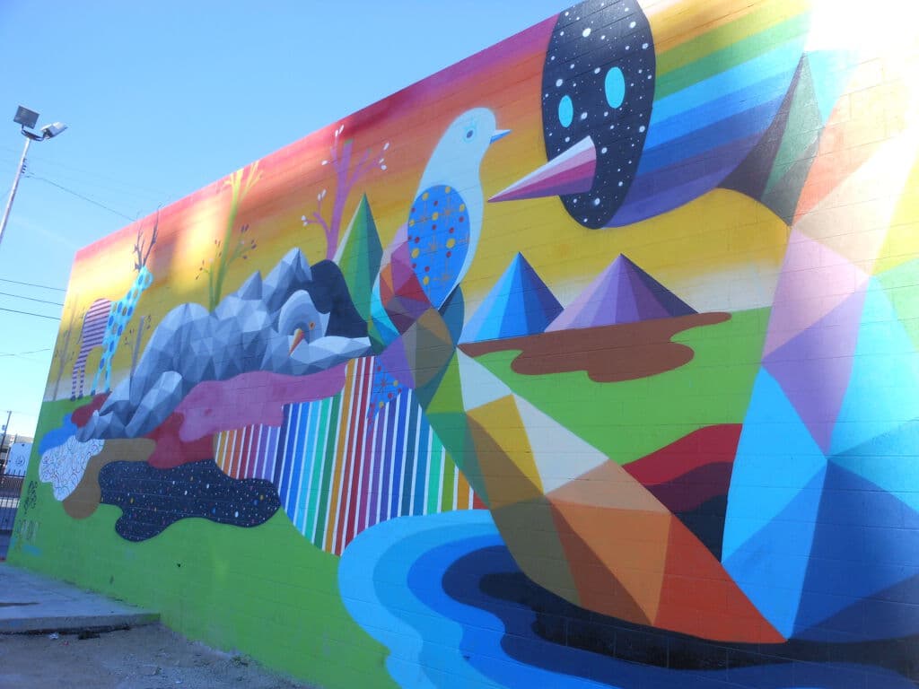 "Geometric Rainbow Landscape Mural" by Okuda in Downtown Las Vegas, Las Vegas