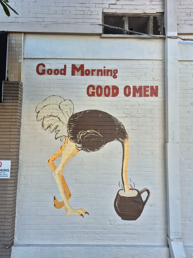 "Rooster Pouring Coffee Mural" in Mission Valley, San Diego