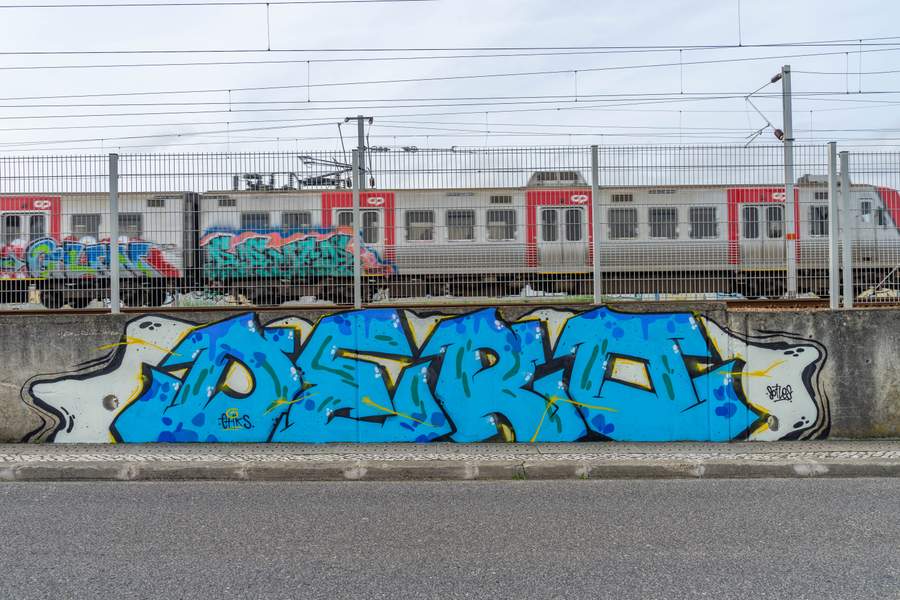 "Blue Wildstyle Train Piece" by Derror in Parque Das Naes, Lisbon