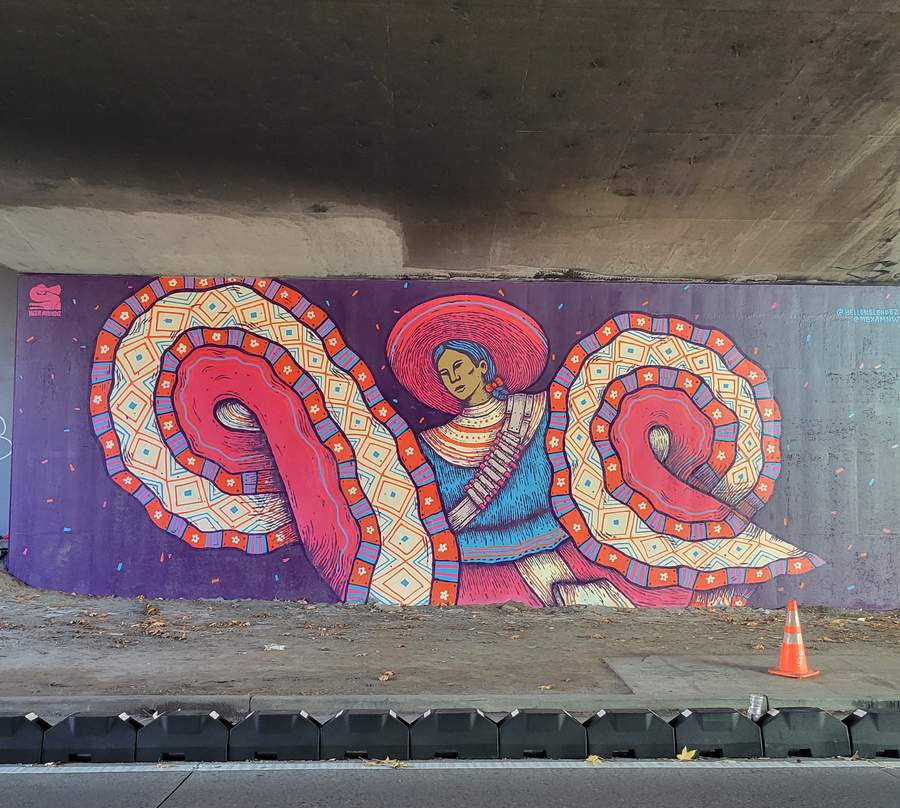 "Indigenous Woman with Serpent Motifs" by Victor Melendez in West Campus, Seattle