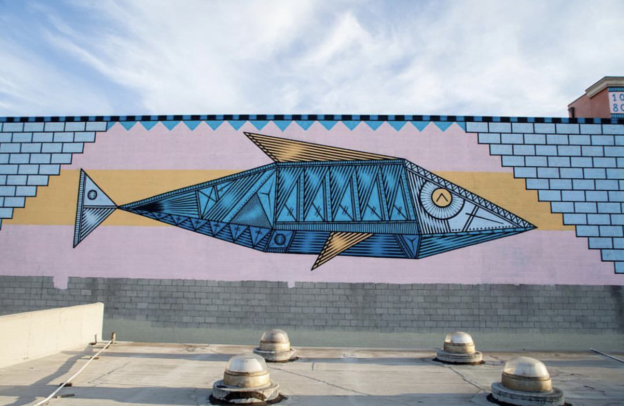Geometric Fish Mural in Blue
