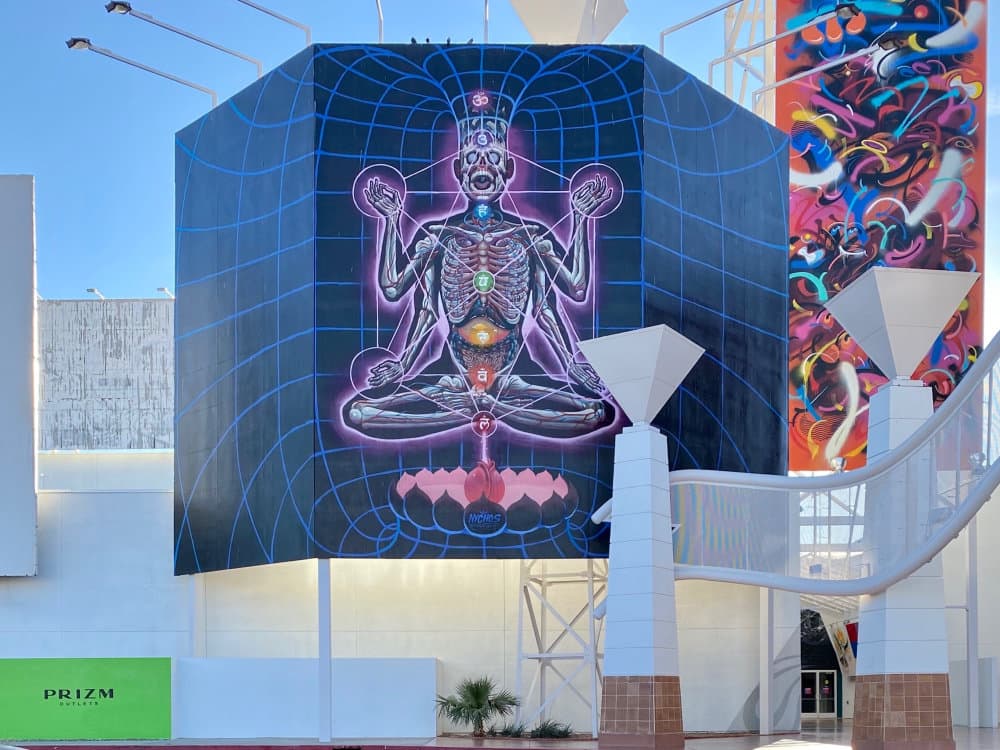 "Meditating Skeleton with Chakras" by Nychos in Jean