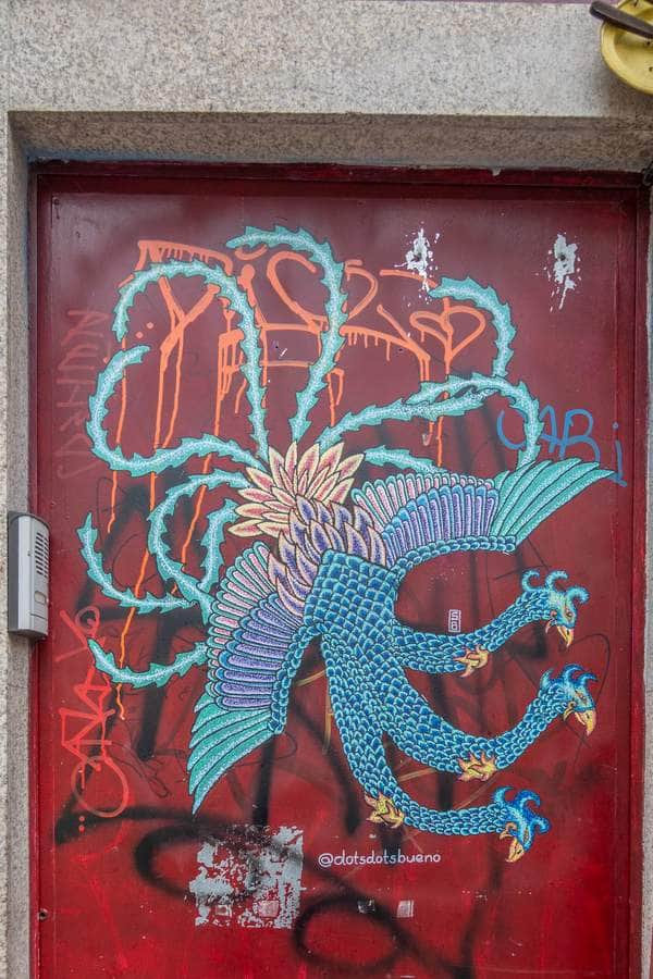 "Turquoise Dragon on Crimson Canvas" by Dots Dots Bueno in Porto