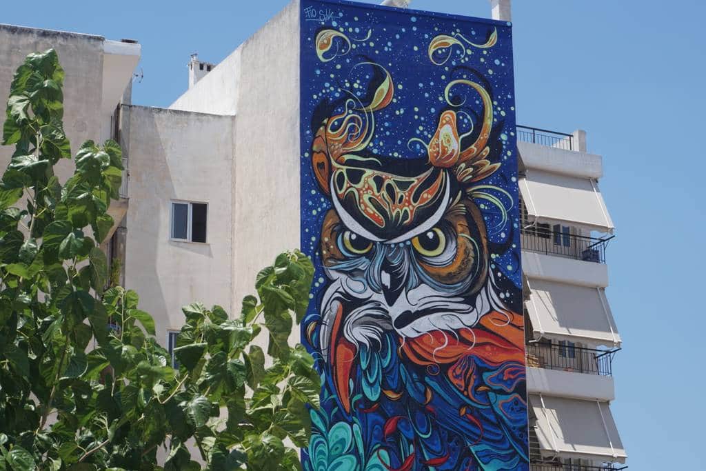 "Cosmic Owl Mural" by Fio Silva in Athens