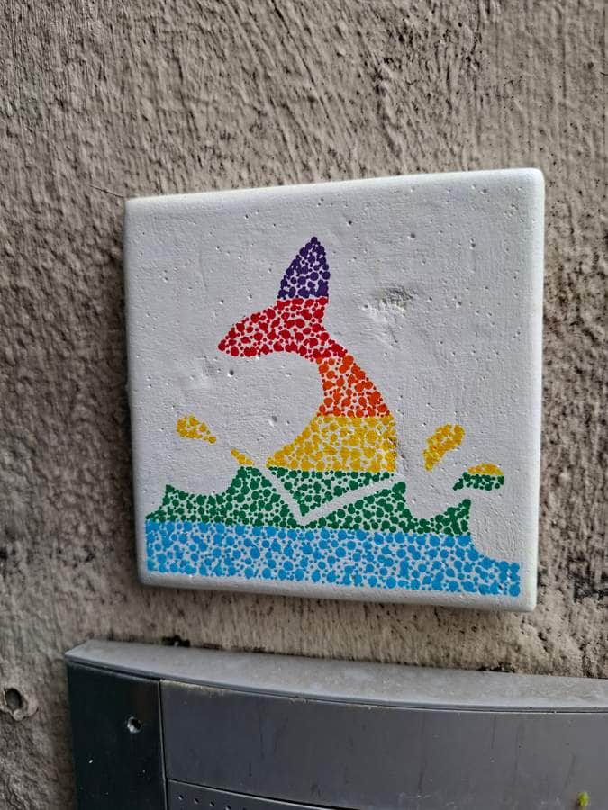 "Rainbow Dotted Rabbit Silhouette" by nbf street in Paris