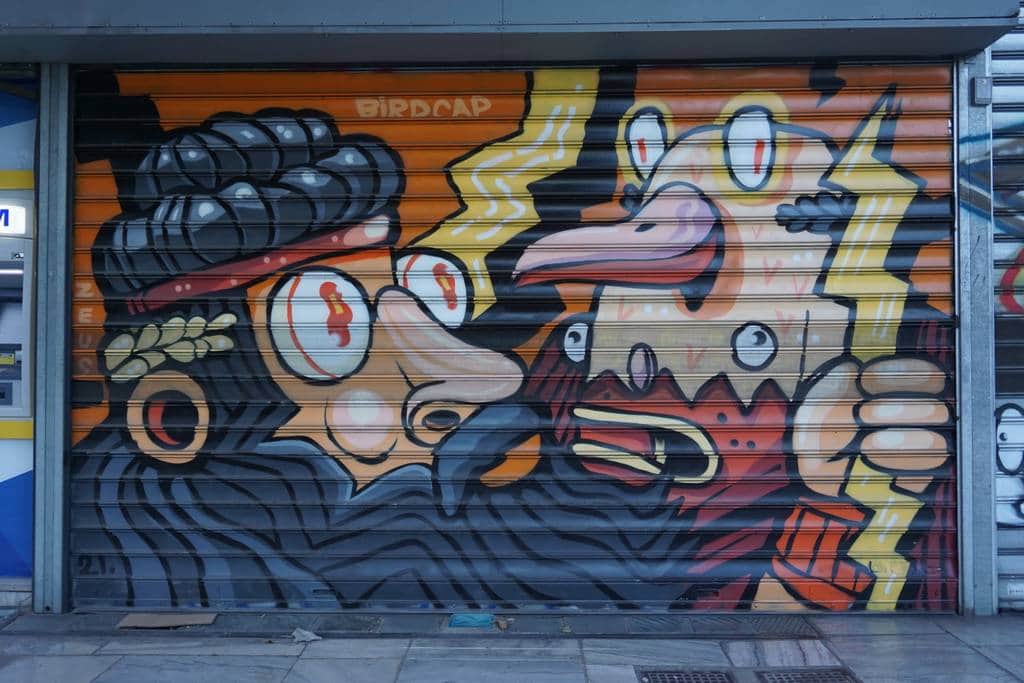 "Stylized Bird Character Street Art" by Birdcap in Athens