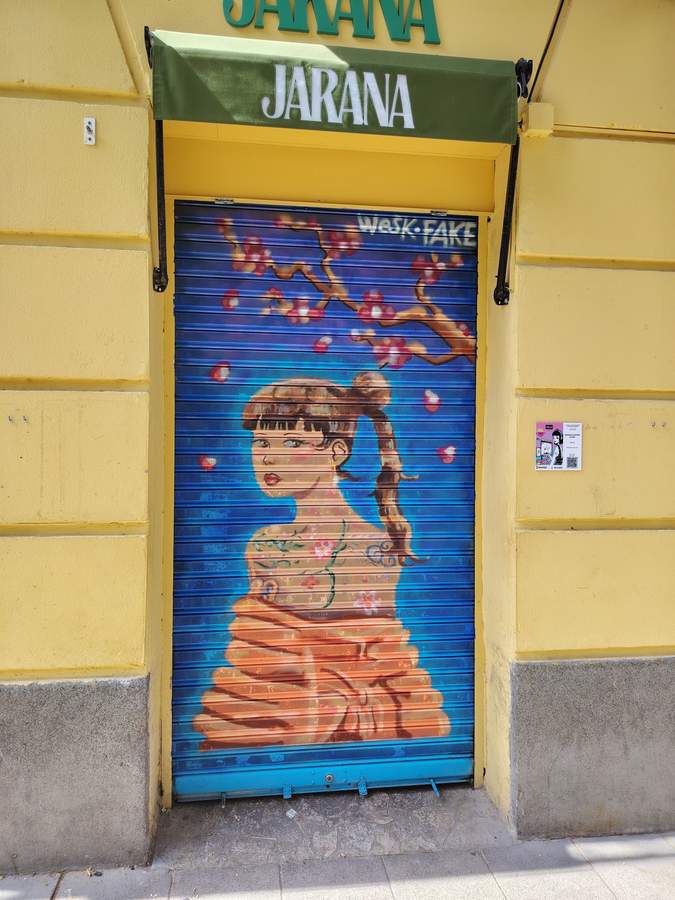 "Woman with Floating Pomegranates" by FAKE in Lavapis, Madrid