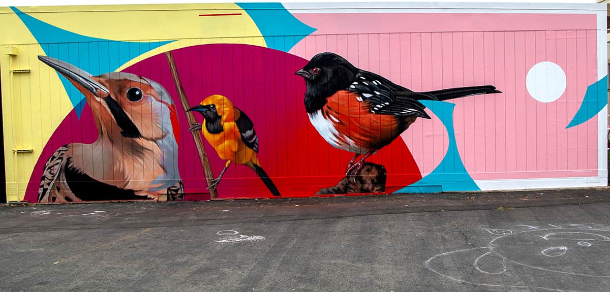 "Vibrant Avian Trio Mural Delight" by Steve Martinez in Long Beach