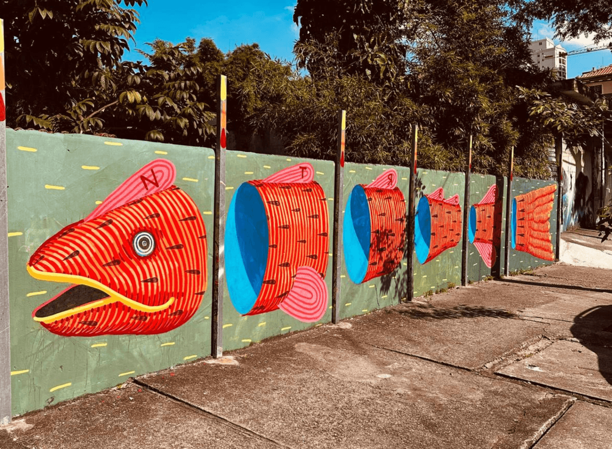 "Vibrant Fish Motif Alley Mural" by Deco Treco in Sao Paulo
